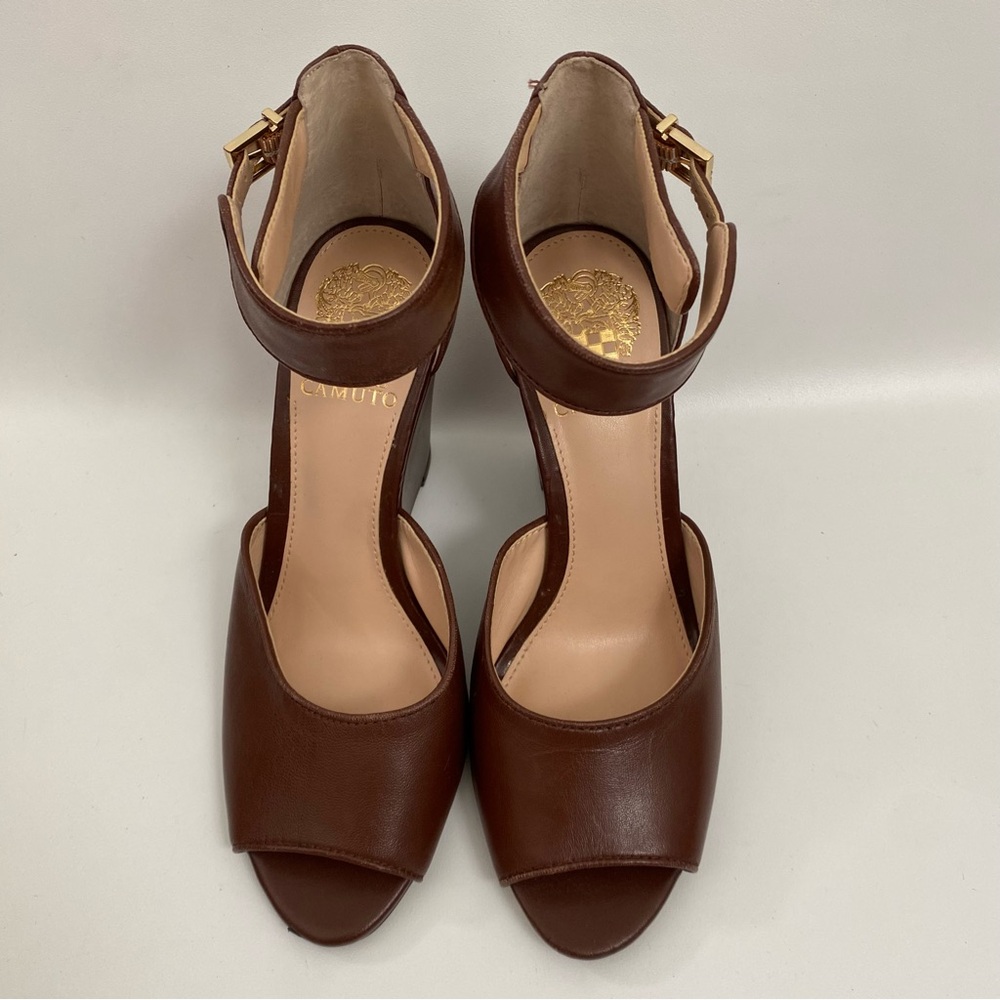 Vince Camuto Peep Toe Wedge Ankle Strap Size 7 Brown Heeled Sandals Women’s - Picture 5 of 14